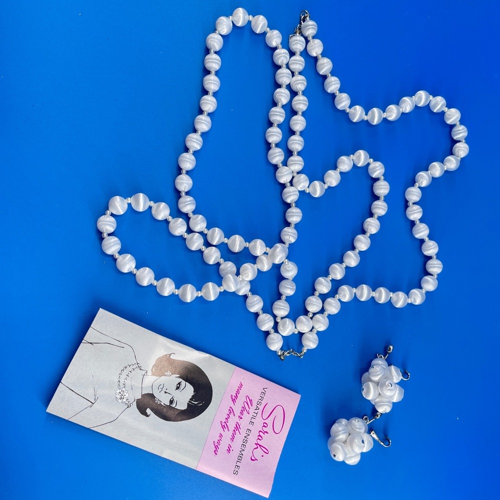 Sarah Coventry White Satin Bead Necklace Clip on Earrings Set 1960s Mid Century
